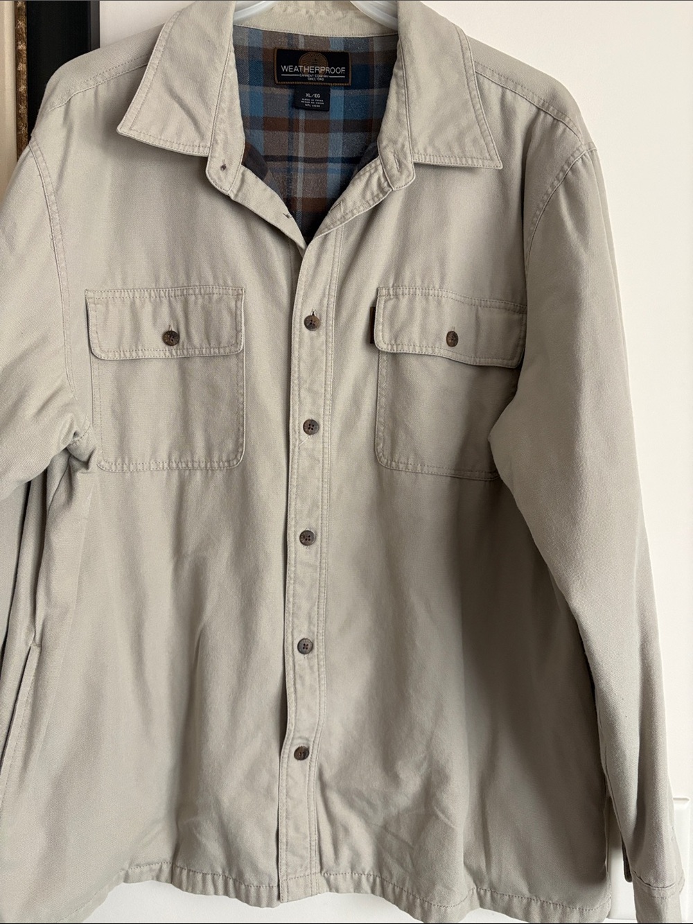 Weatherproof Men’s Light Beige Field Jacket with Plaid Lining shacket barn coat